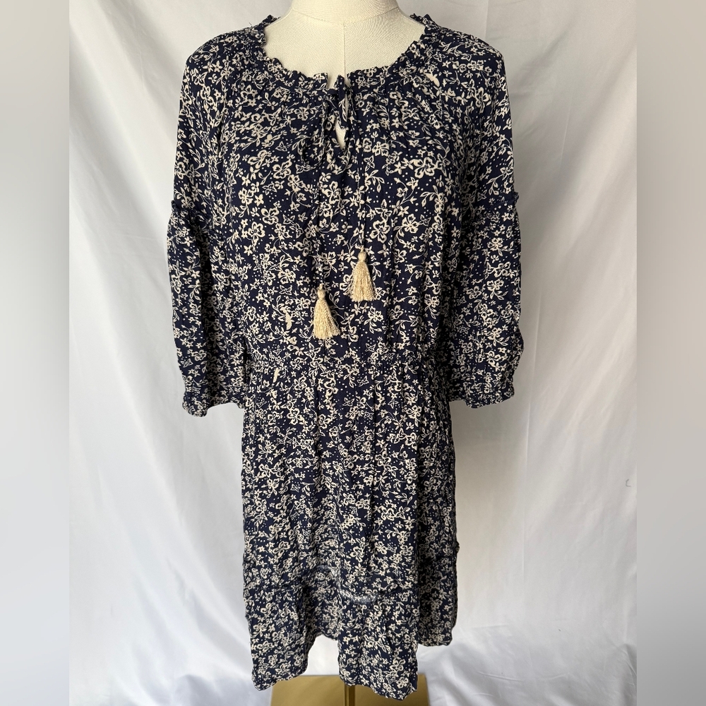 naif Floral Tassel Boho Peasant Dress Size Medium Navy/Cream